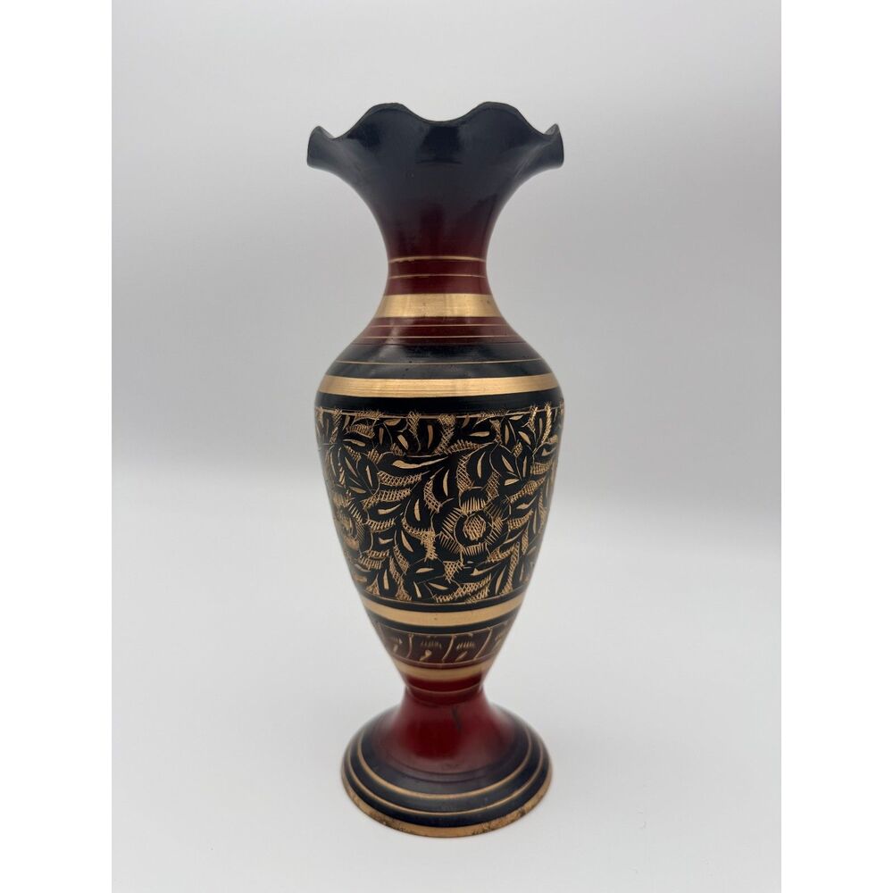 Vintage Hand Engraved Metal Vase India 9" Floral Etched
